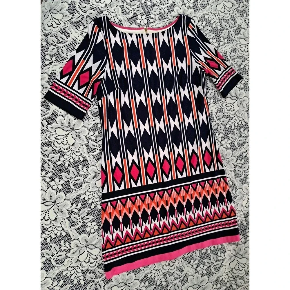 Eliza J Shift Dress 12 Abstract Print Artsy Stretch‎ Knit Lined Back Zip Beachy